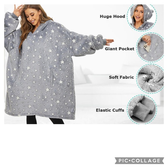 Three Poodle Luminous Grey Star Sherpa & Fleece Blanket Hoodie Size OS - Picture 4 of 14